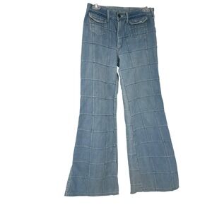 Y2K Patchwork Grid Denim‎ Jeans Mid Rise Flare Raw Hem 26 27 Vintage